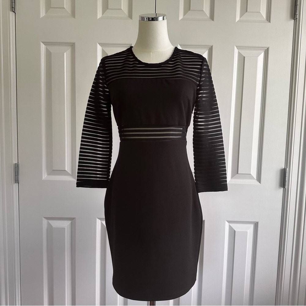 Lulus LBD Black Bodycon Stretchy Sheath Mesh Stripes Mini Cocktail Dress Size M